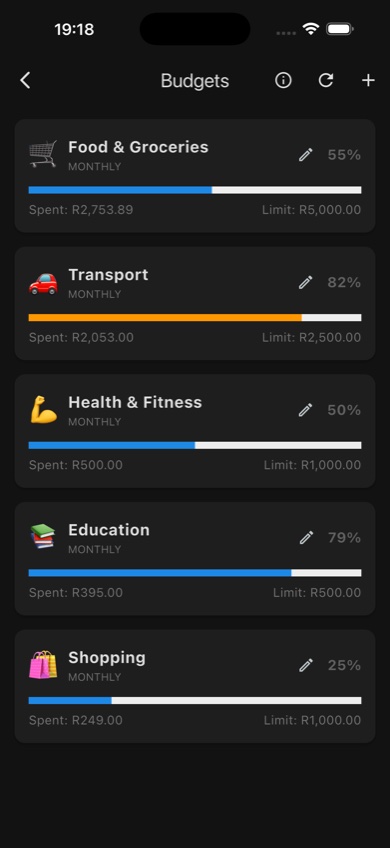 Budgets — spending progress per category