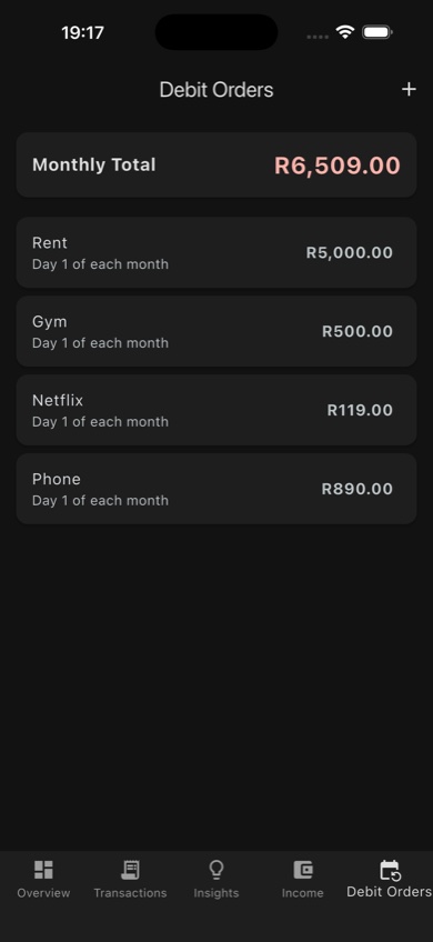 Debit Orders tab