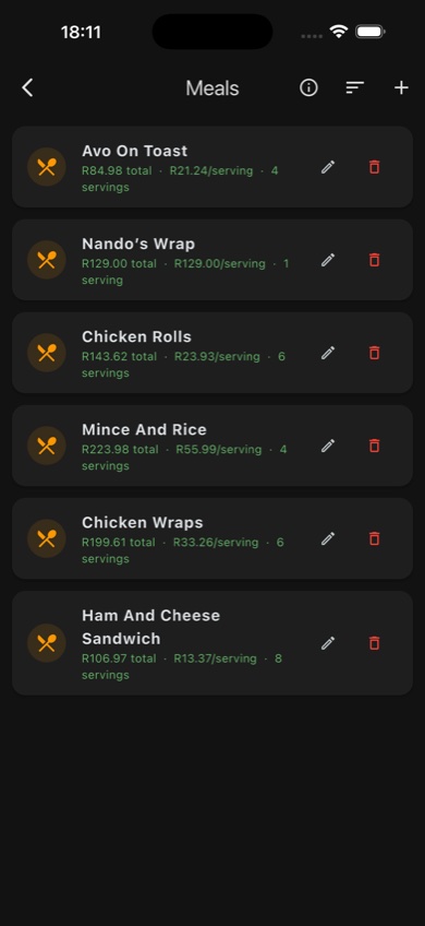Meals — meal list with cost per serving