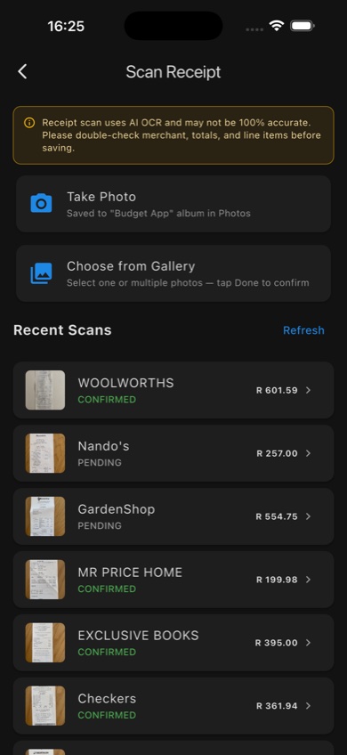 Scan Receipt — recent scans list