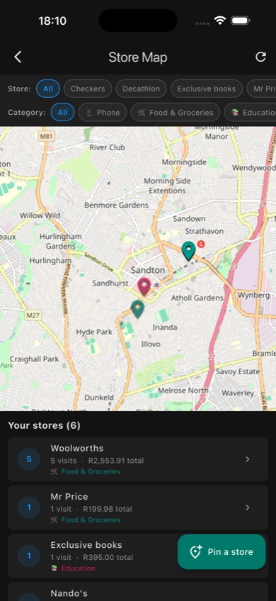 Store Map — merchant pins in Sandton