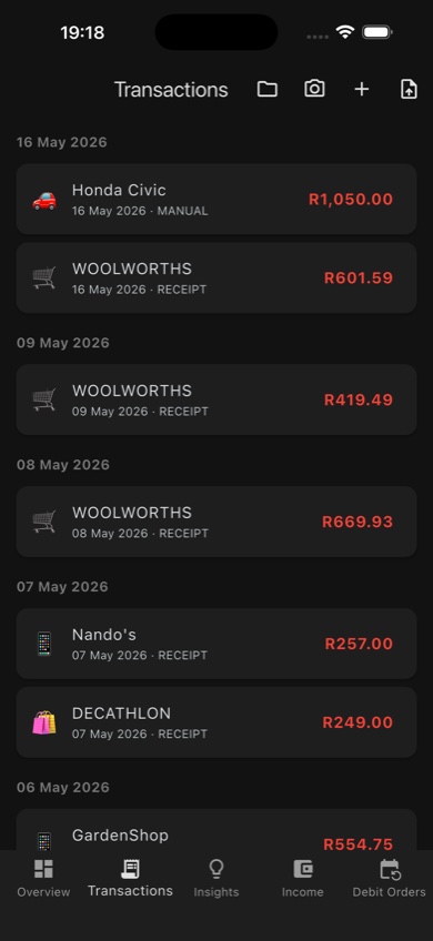Transactions tab — date view